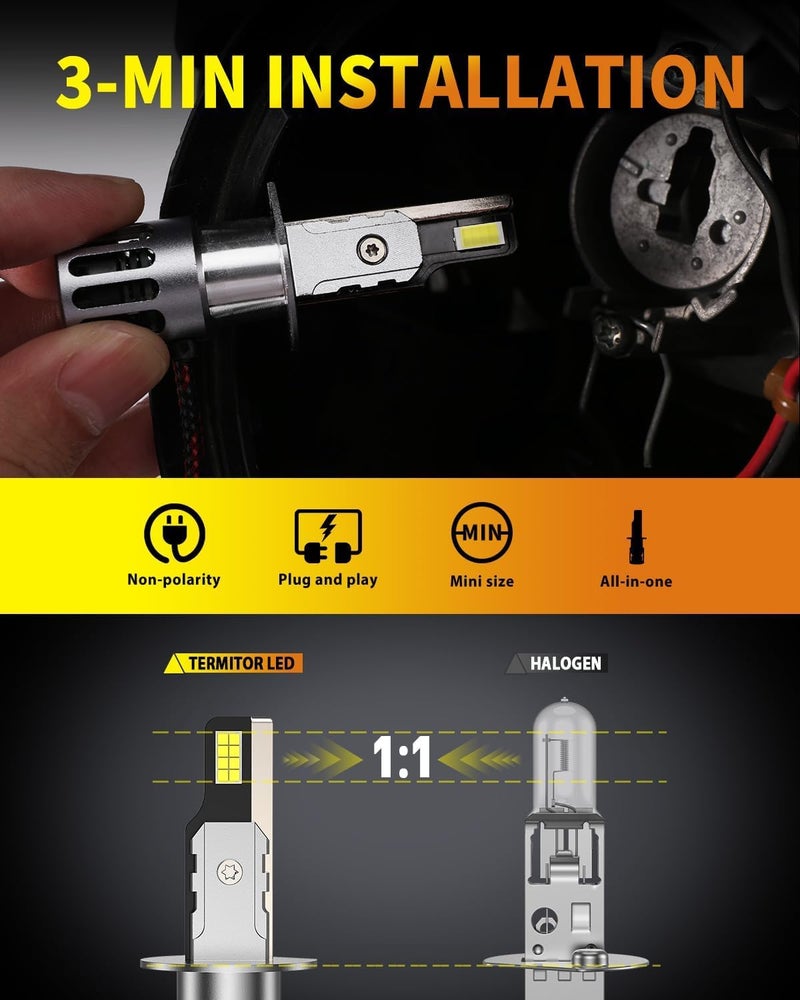 Termitor Upgraded H1 Light Bulbs, 900% Brightness with 16 CSP Chips, Real 1:1 Halogen Size, 6500K White, Canbus Ready Fog Light Bulbs, Pack of 2 - Image 3